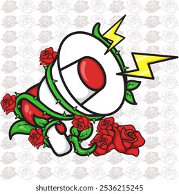 Speaker and red rose vector illustration design, suitable for poster object, sticker, t-shirt design etc, rose pattern background, eps 10, editable.