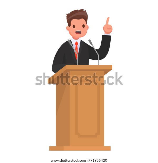 演壇で演説 その政治家は裁判所で演説をする スタイルのベクターイラスト のベクター画像素材 ロイヤリティフリー