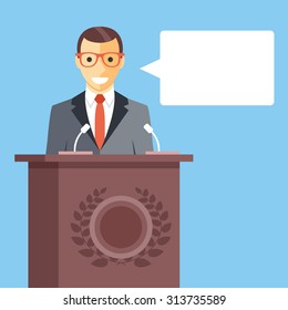 Speaker at rostrum with speech bubble. Modern flat design concepts for web banners, web sites, printed materials, infographics. Creative vector illustration