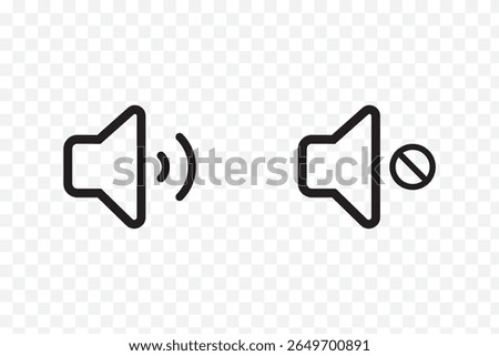 Speaker Set Icon. Sound Icon. volume icon vector . Black volume speaker icons showing mute, low, medium, high, increase, and decrease sound levels. 