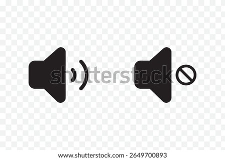 Speaker Set Icon. Sound Icon. volume icon vector . Black volume speaker icons showing mute, low, medium, high, increase, and decrease sound levels. 