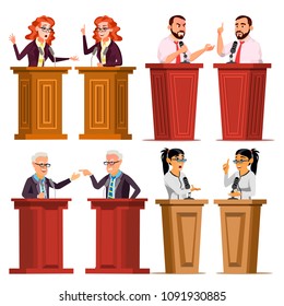 Speaker Set Vector. Man, Woman Giving Public Speech. Businessman, Politician. Debates. Presentation. Isolated Flat Cartoon Character Illustration