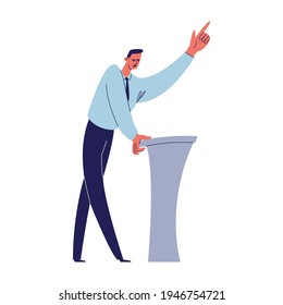 A speaker in a shirt and tie is giving a lecture. A young man, pointing to an important thing, is having a conversation behind the podium. Vector illustration of cartoon male character isolated.