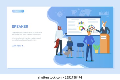 Speaker showing charts report on board, hipster animal audience and presentation, rabbit and deer, cat back view, training or seminar vector. Blue website or webpage template, landing page flat style