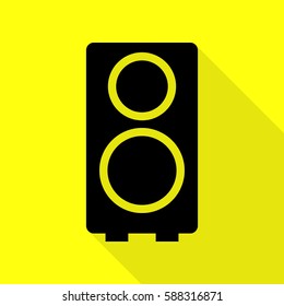 Speaker sign illustration. Black icon with flat style shadow path on yellow background.