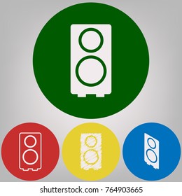 Speaker sign illustration. Vector. 4 white styles of icon at 4 colored circles on light gray background.