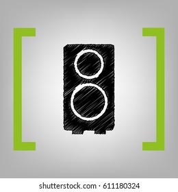 Speaker sign illustration. Vector. Black scribble icon in citron brackets on grayish background.