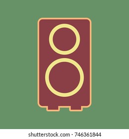Speaker sign illustration. Vector. Cordovan icon and mellow apricot halo with light khaki filled space at russian green background.