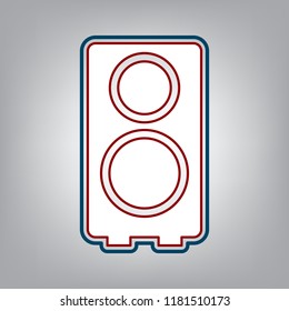 Speaker sign illustration. Vector. Dark red, transparent and midnight green stroke of white icon at grayish background.