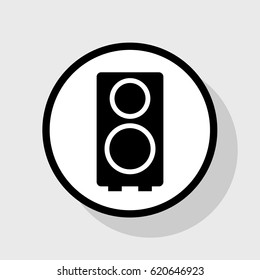 Speaker sign illustration. Vector. Flat black icon in white circle with shadow at gray background.