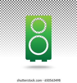Speaker sign illustration. Vector. Green gradient icon with shadow at bottom on transparent and white background.
