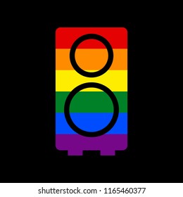 Speaker sign illustration. Vector. Icon with colors of LGBT flag at black background.