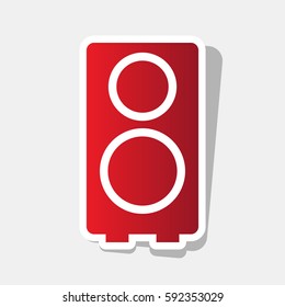 Speaker sign illustration. Vector. New year reddish icon with outside stroke and gray shadow on light gray background.