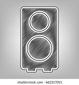 Speaker sign illustration. Vector. Pencil sketch imitation. Dark gray scribble icon with dark gray outer contour at gray background.