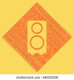 Speaker sign illustration. Vector. Red scribble icon obtained as a result of subtraction rhomb and path. Royal yellow background.
