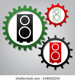 Speaker sign illustration. Vector. Three connected gears with icons at grayish background.