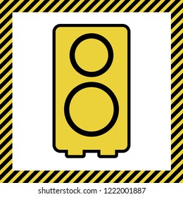 Speaker sign illustration. Vector. Warm yellow icon with black contour in frame named as under construction at white background. Isolated.