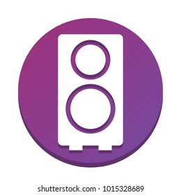 Speaker sign illustration. Vector. White icon with flat shadow on purpureus circle at white background. Isolated.