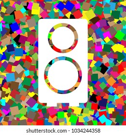 Speaker sign illustration. Vector. White icon on colorful background with seamless pattern from squares.