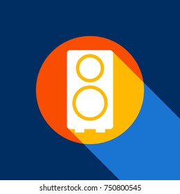 Speaker sign illustration. Vector. White icon on tangelo circle with infinite shadow of light at cool black background. Selective yellow and bright navy blue are produced.