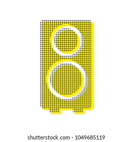 Speaker sign illustration. Vector. Yellow icon with square pattern duplicate at white background. Isolated.