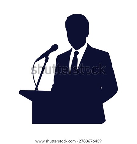 Speaker silhouette at podium with microphone isolated on white