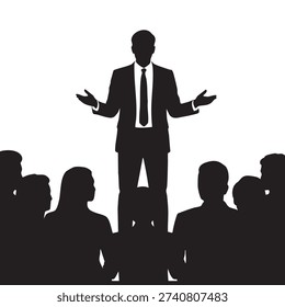 Speaker silhouette stands elevated above a diverse audience addressing the crowd with open palms symbolizing leadership, inspiration, and professional communication during a corporate event.