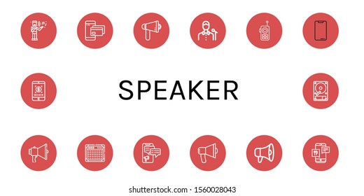 speaker simple icons set. Contains such icons as Musical, Smartphone, Megaphone, Singer, Walkie talkie, Amplifier, Audio, Hard disk, can be used for web, mobile and logo