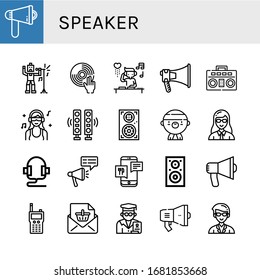 Lautsprecher-Icons gesetzt. Enthält Symbole wie Megaphone, Singer, DJ, Boombox, Lautsprecher, Gangsta, Lehrer, Kopfhörer, Smartphone, Lautsprecher, kann für Web, Handy und Logo verwendet werden