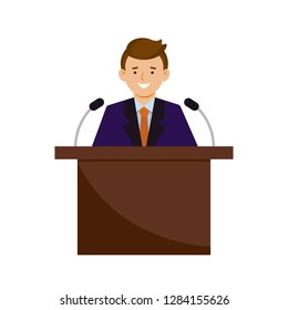 The speaker smiles. A man in a suit talking into microphones. Vector illustration, character in flat style.