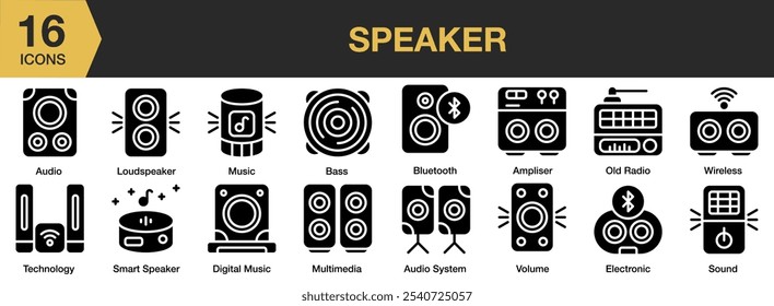 Conjunto de iconos sólidos de altavoz. Incluye amplificador, sistema de audio, graves, bluetooth, música digital, electrónica y más. Colección de Vector de iconos sólidos.