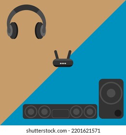Speaker, Sound Bar, Subwoofer, Router On Blue And Brown Background. Flat Vector Illustration. 