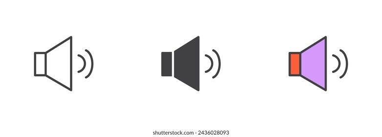 Speaker sound different style icon set. Line, glyph and filled outline colorful version, outline and filled vector sign. Speaker volume symbol, logo illustration. Vector graphics