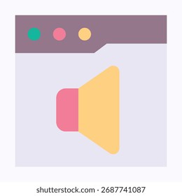 Icono de sonido del altavoz con el marco del navegador, icono de estilo plano de Vector aislado. 