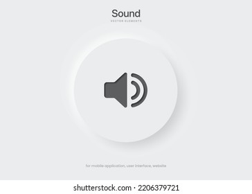 Speaker and sound icon. Computer voice icon. Megaphone and music icon. Sound pictogram. Musical note. Audio sign. UI UX element. Sound button. Audio system, noise with soft UI, push button.