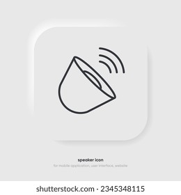Lautsprecher- und Tonsymbol. Computersprachsymbol. Megaphone und Musiksymbol. Sound-Piktogramm. Musikalische Note. Audiozeichen. UI UX-Element. Tontaste. Audio-System, Geräusch mit Soft UI, Drucktaste.