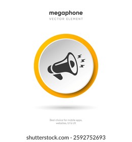 Speaker and sound icon. Computer voice icon. Megaphone and music icon. Sound pictogram. Musical note. Audio sign. UI UX element. Sound button. Audio system, noise with soft UI, push button.