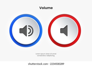 Speaker and sound icon. Volume up down sign  Computer voice icon. Megaphone and music icon. Sound pictogram. Audio sign. UI UX element. Sound button. Audio system, noise with soft UI, push button.