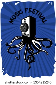 Speaker sound system with octopus. Music festival vintage poster. Electronic party banner template.