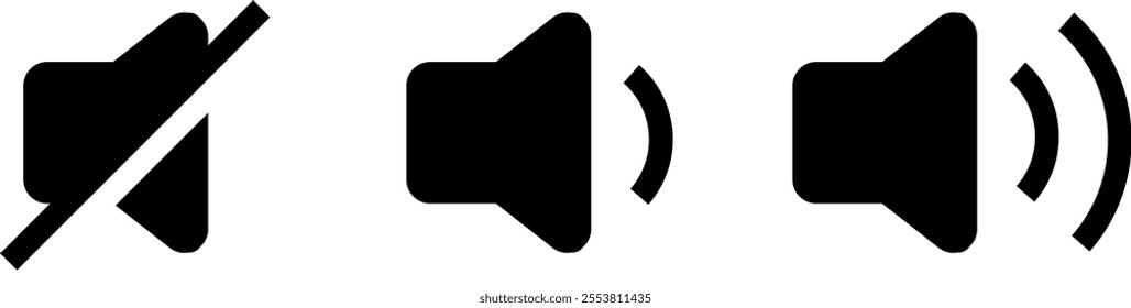 speaker, sound, volume icon set , low and hight level volume speaker icon. voice, audio, silent, mute icons in flat style for media player app and website