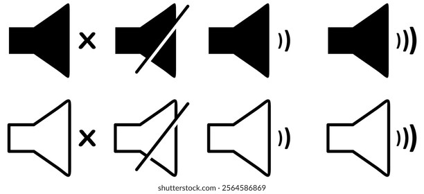 speaker, sound, volume icon set , low and hight level volume speaker icon. voice, audio, silent, mute icons in flat style for media player app and website.