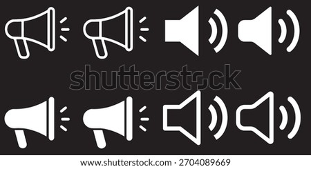 Speaker sound volume icons set. Black audio control symbols. Mute, low, medium, high volume levels. Sound speaker vector on dark background. Speaker status icon pack for UI UX apps