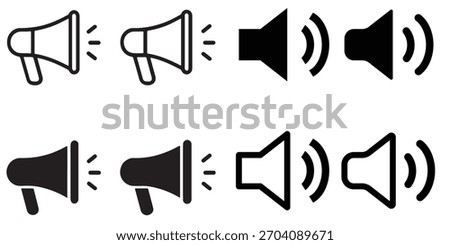 Speaker sound volume icons set. Black audio control symbols. Mute, low, medium, high volume levels. Sound speaker vector on dark background. Speaker status icon pack for UI UX apps