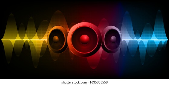 Speaker and Sound waves oscillating dark red yellow blue light