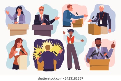 Speaker speak from podium at public event set. Politicians speaking with microphone to audience, confident man and woman standing at rostrum to talk at conference cartoon vector illustration