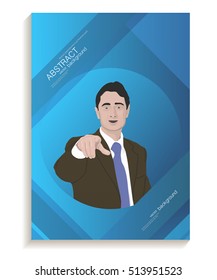 The speaker speaks. The energetic gesture with his hand forward. Blue book cover, magazine, brochure, advertising ... Vector. Image.