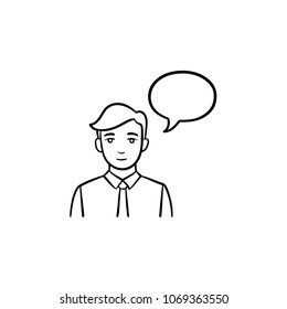 Speaker with speech bubble outline doodle vector icon. Conference speaker sketch illustration for print, web, mobile and infographics isolated on white background.