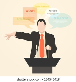 Speaker speech, speaks with enthusiasm, standing behind a podium with a microphone at the conference. policy, politics, political, news. Presentation and performance before an audience. Vector. Icon.