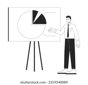 Speaker spokesman giving corporate presentation flat line black white vector character. Editable outline full body person on white. Simple cartoon isolated spot illustration for web graphic design
