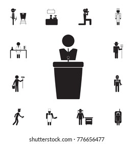 speaker at the stand and speaks to the listeners icon. Set of professions disasters icons. Signs and symbols collection, simple icons for websites, web design, mobile, info graphics white background